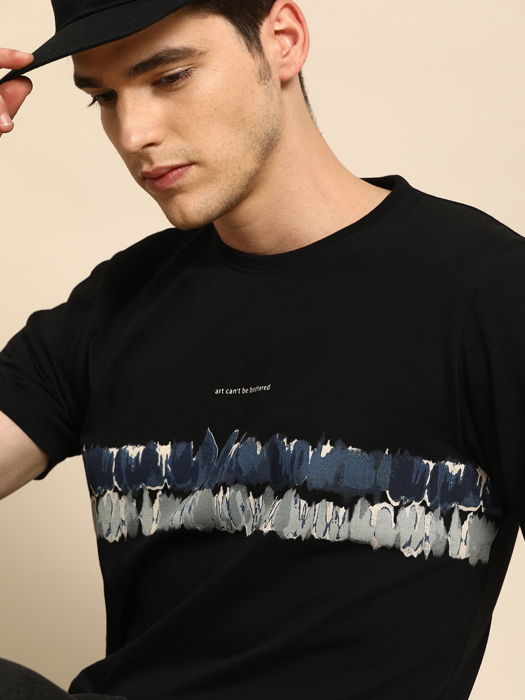 

ether Men Black Printed Round Neck Pure Cotton T-shirt