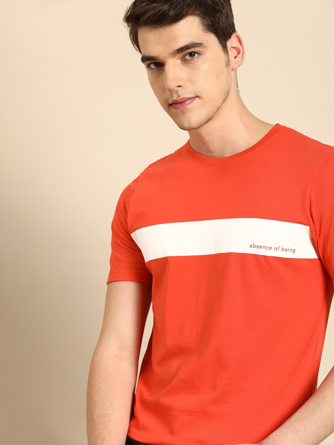 

ether Men Orange & White Striped Round Neck T-shirt