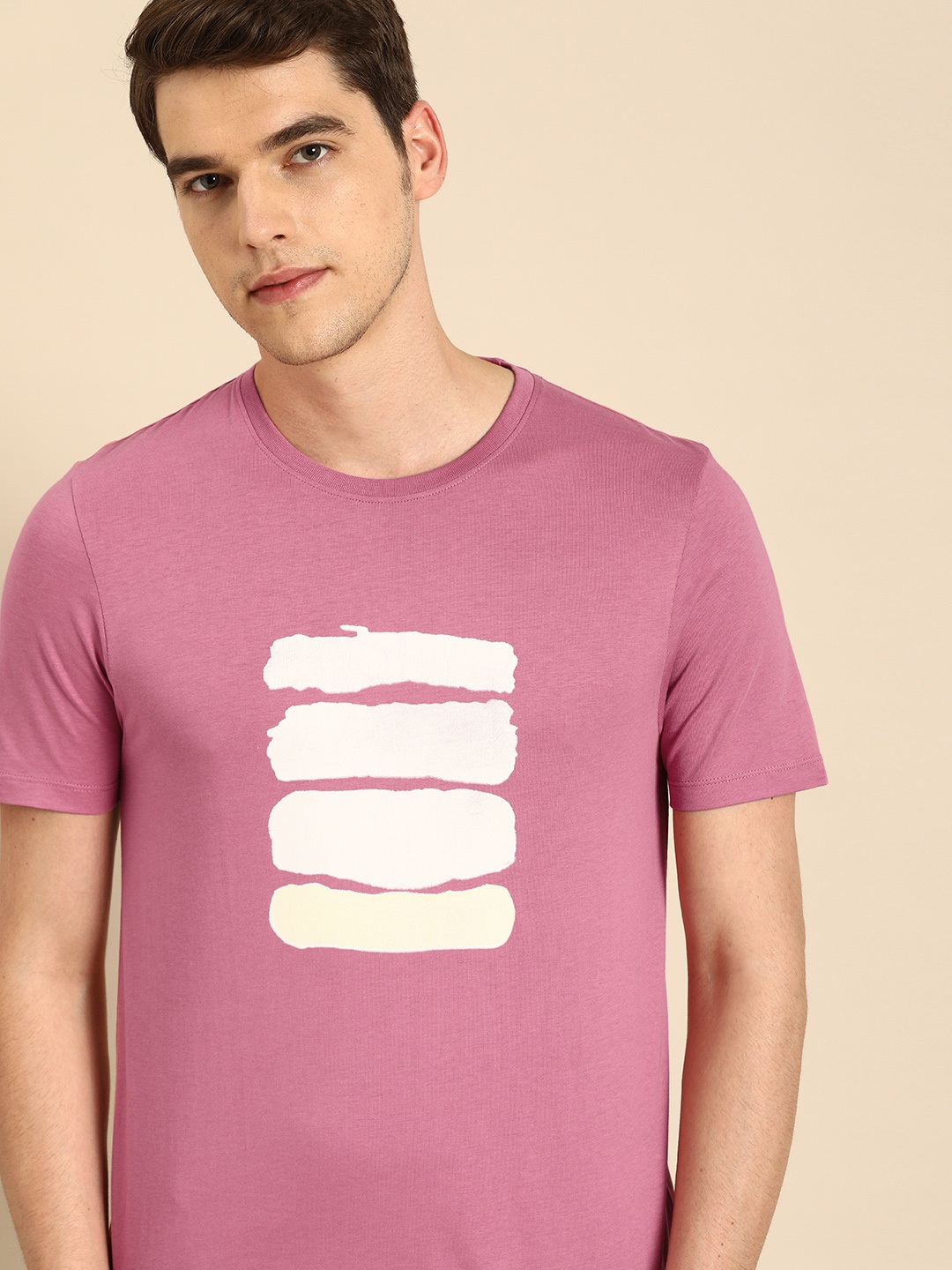 

ether Men Pink Printed Round Neck Pure Cotton T-shirt