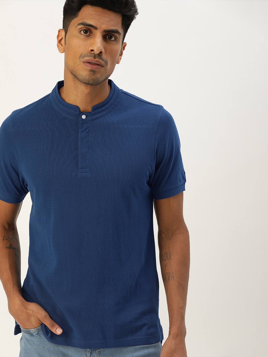 

ether Men Navy Blue Solid Mandarin Collar Pure Cotton T-shirt, Teal