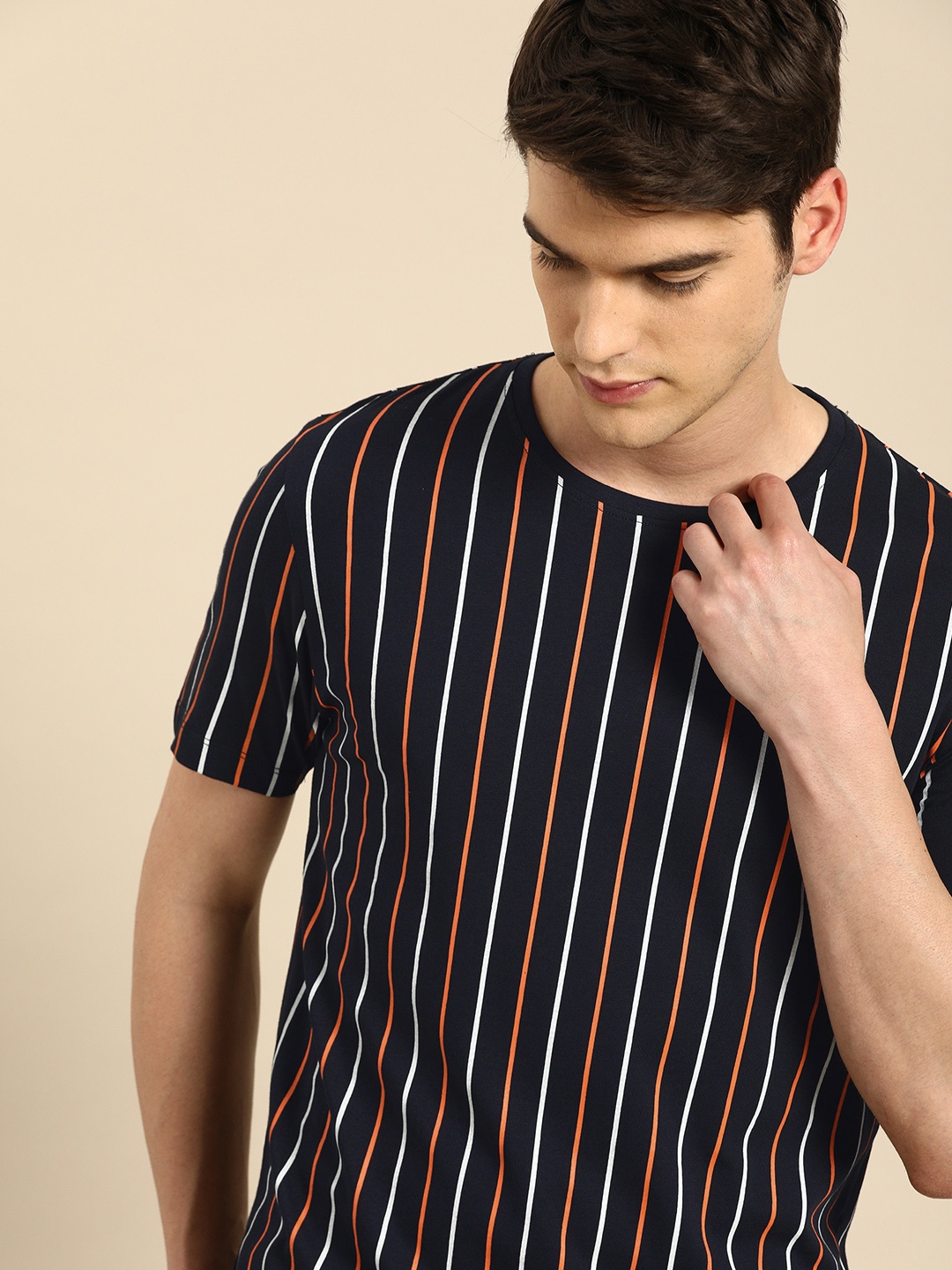 

ether Men Navy Blue Orange Striped Round Neck Pure Cotton T-shirt