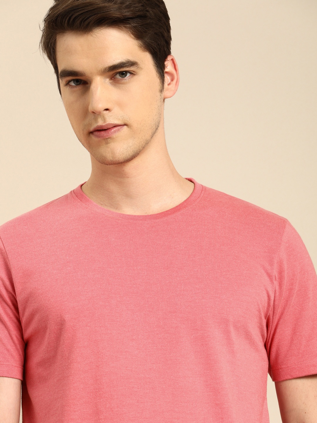 

ether Men Pink Solid Round Neck Pure Cotton T-shirt
