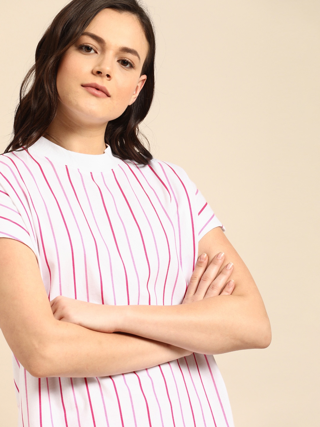 

ether Women White Pink Striped Round Neck Pure Cotton T-shirt