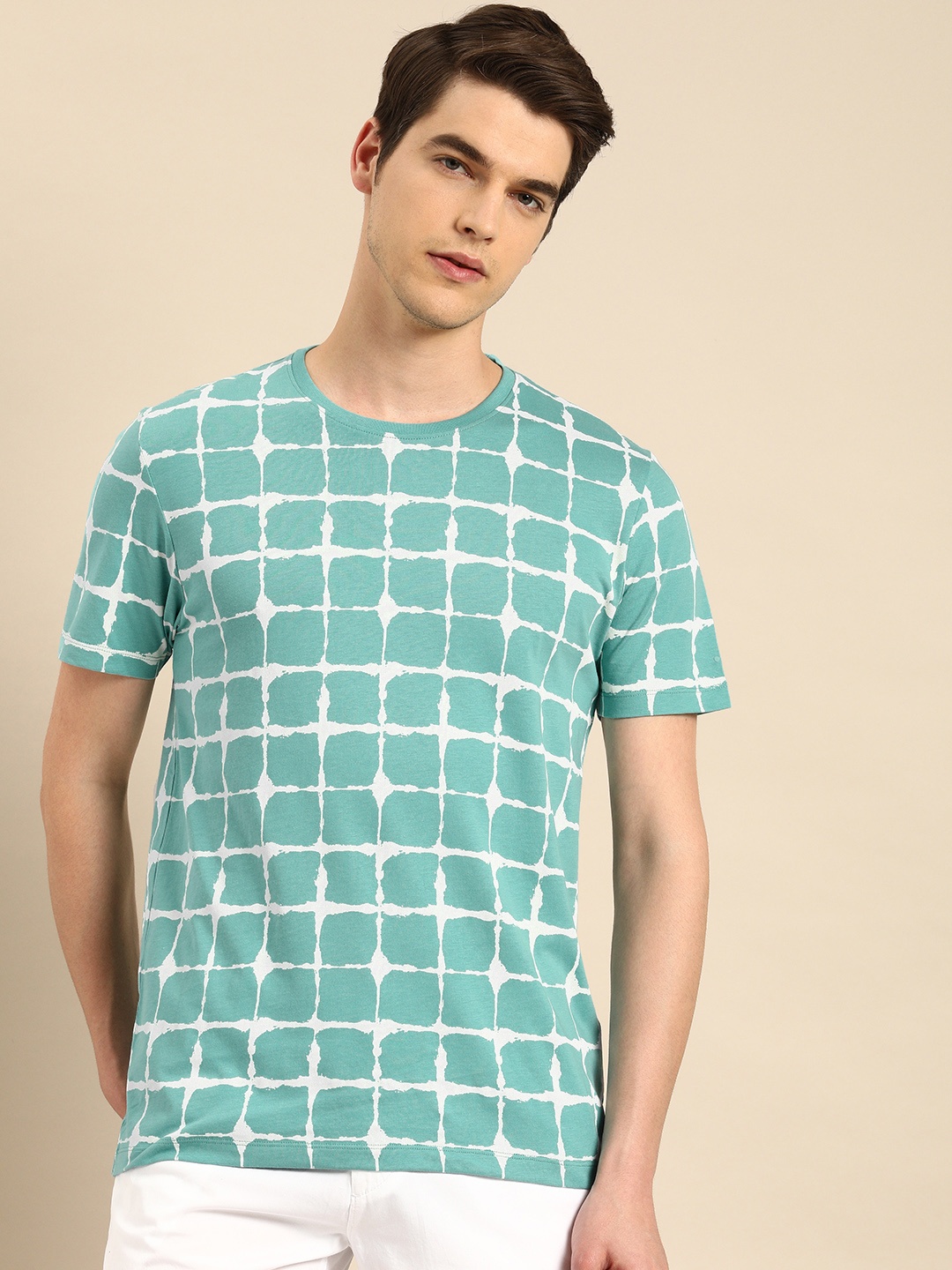 

ether Men Turquoise Blue White Printed Round Neck Pure Cotton T-shirt