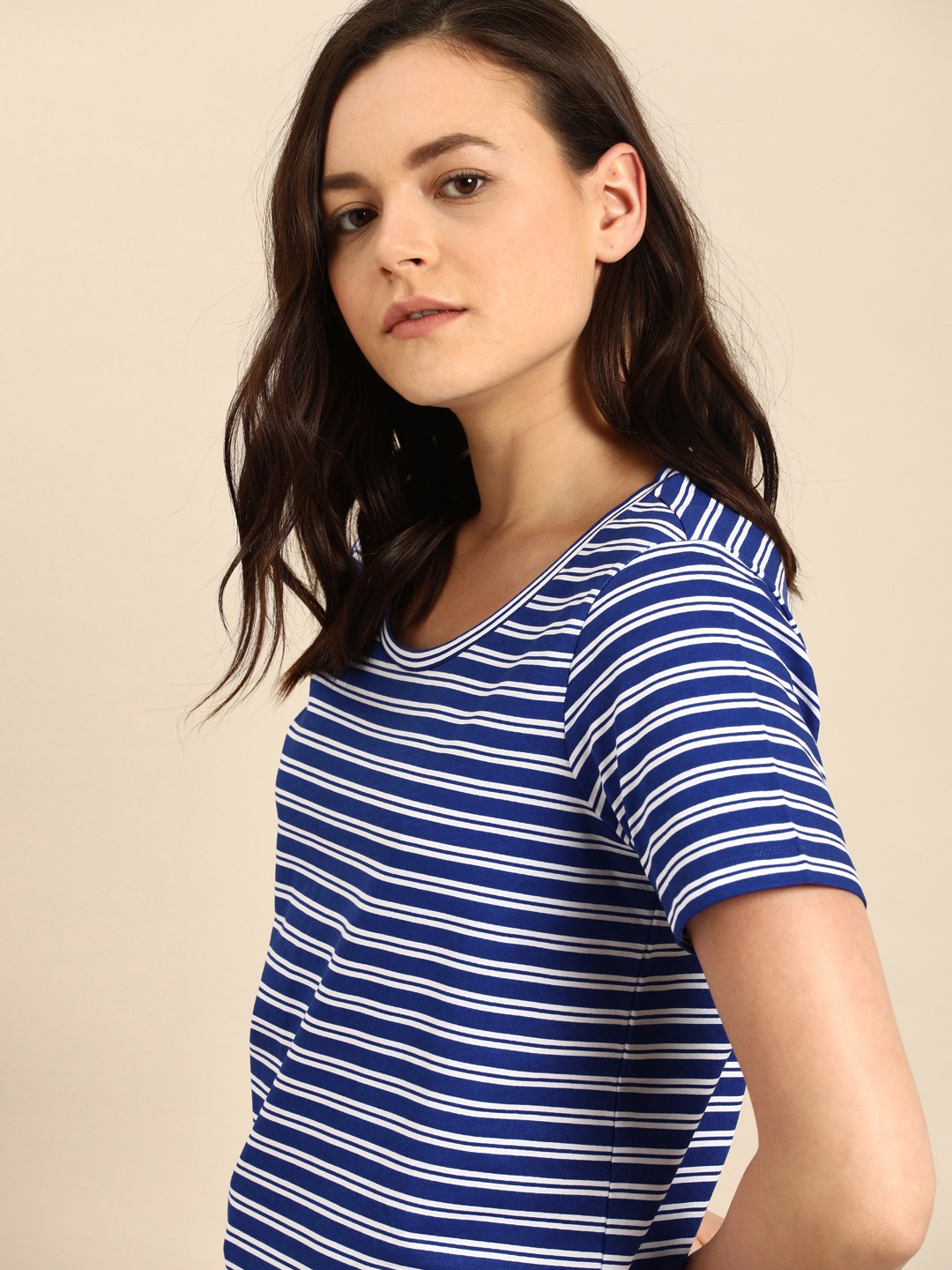 

ether Women Blue White Striped Round Neck Pure Cotton T-shirt