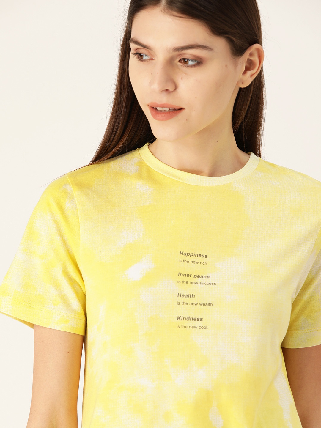 

ether Women Yellow White Dyed Round Neck Pure Cotton T-shirt