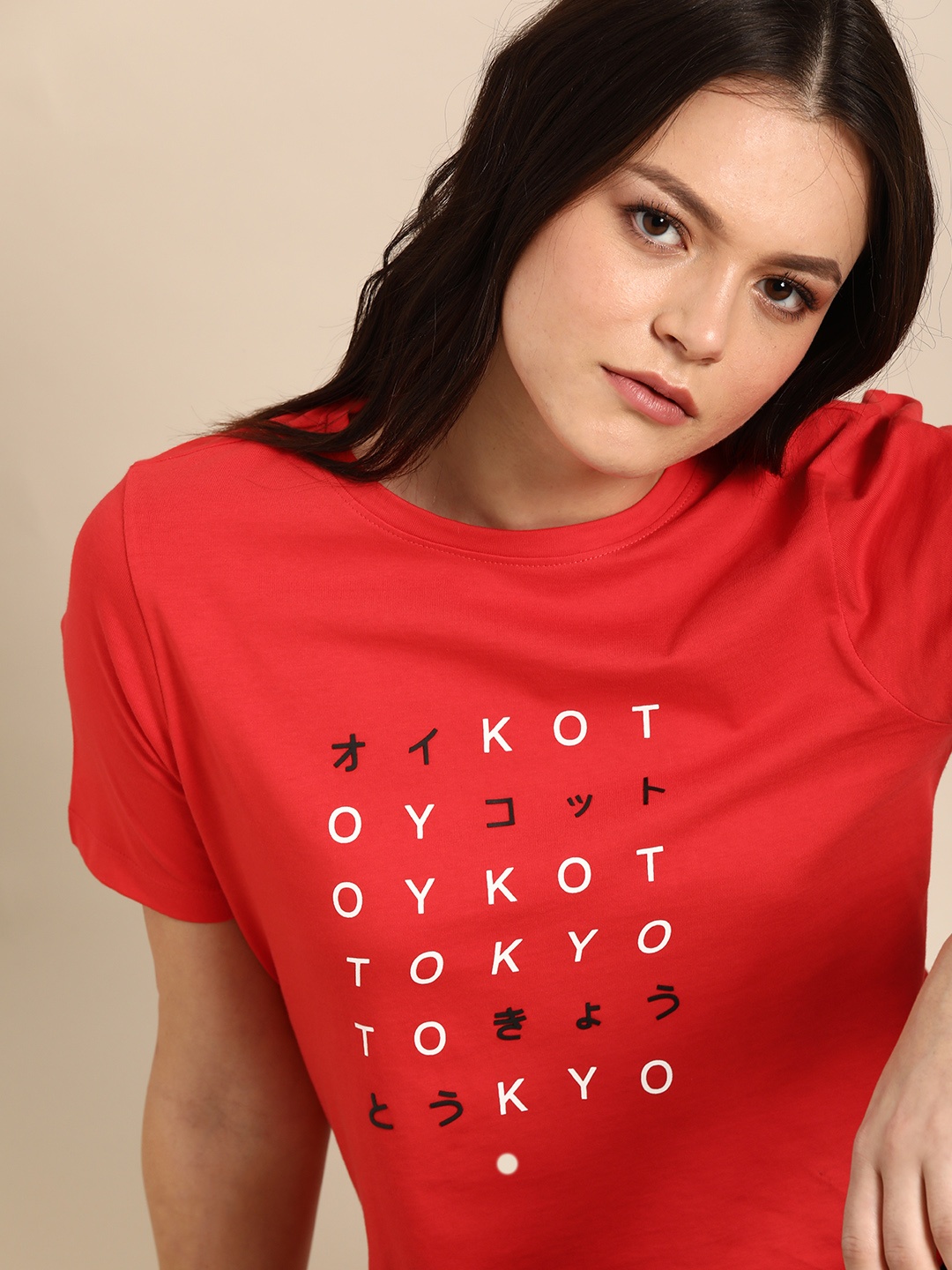 

ether Women Red Printed Round Neck Pure Cotton T-shirt