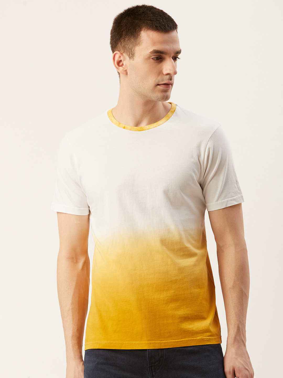 

ether Men Off-White & Mustard Yellow Ombre Effect Round Neck T-shirt