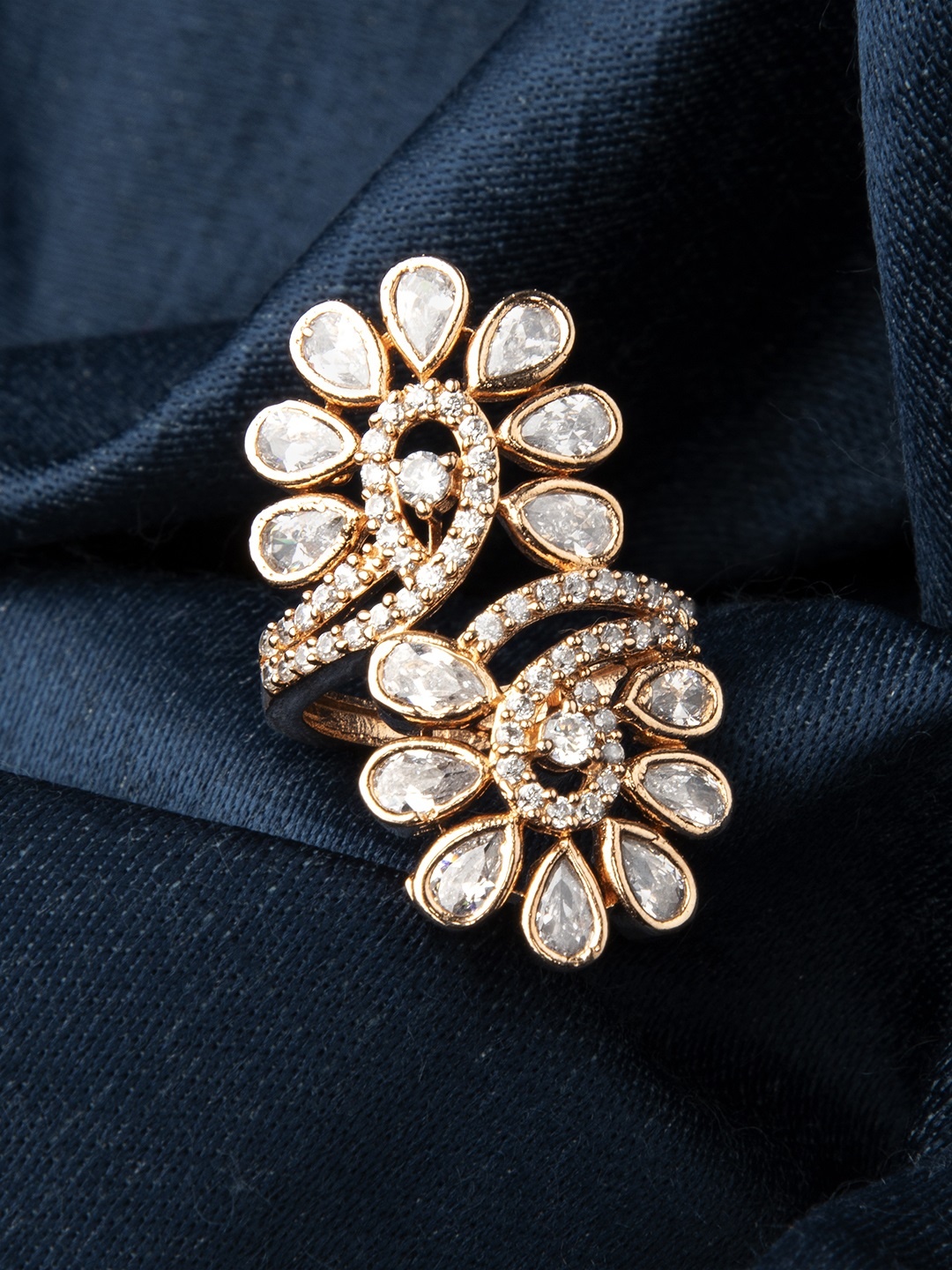 

Rubans Women Gold-Plated & White Cubic-Zirconia Stone-Studded Adjustable Finger Ring