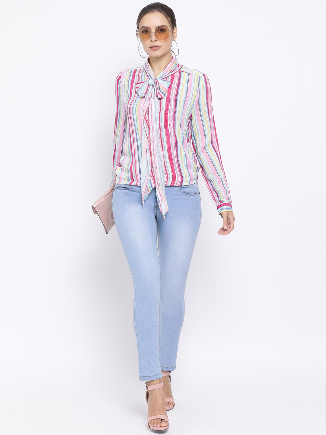 

Oxolloxo Women Pink & White Candy Striped Shirt Style Top