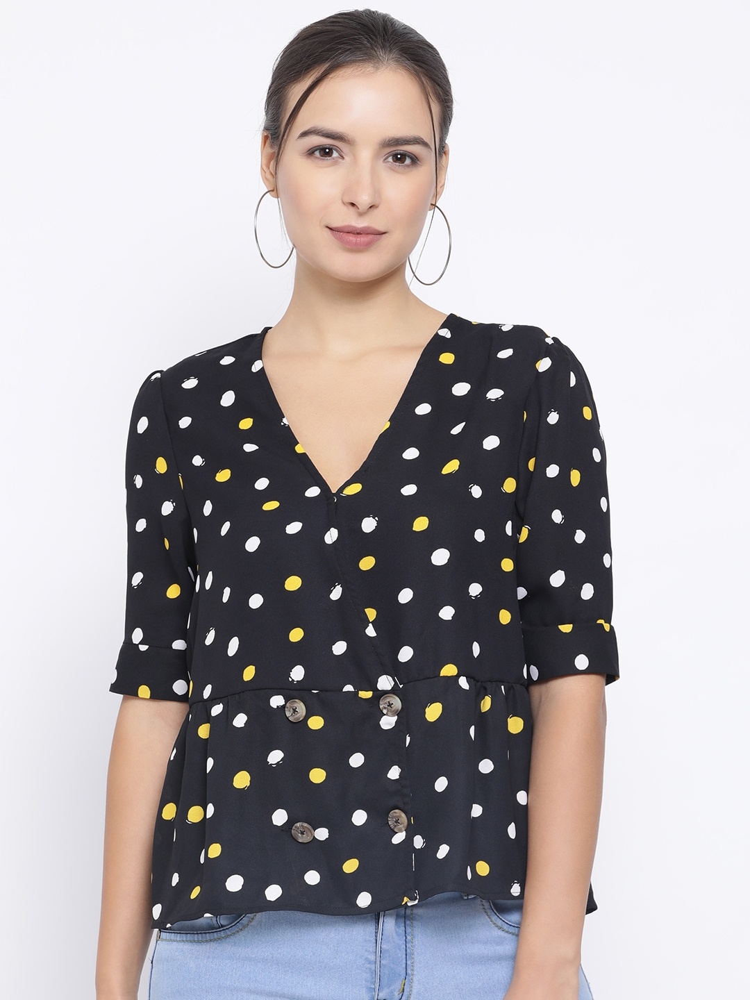 

Oxolloxo Women Black & White Polka Dot Printed Wrap Top