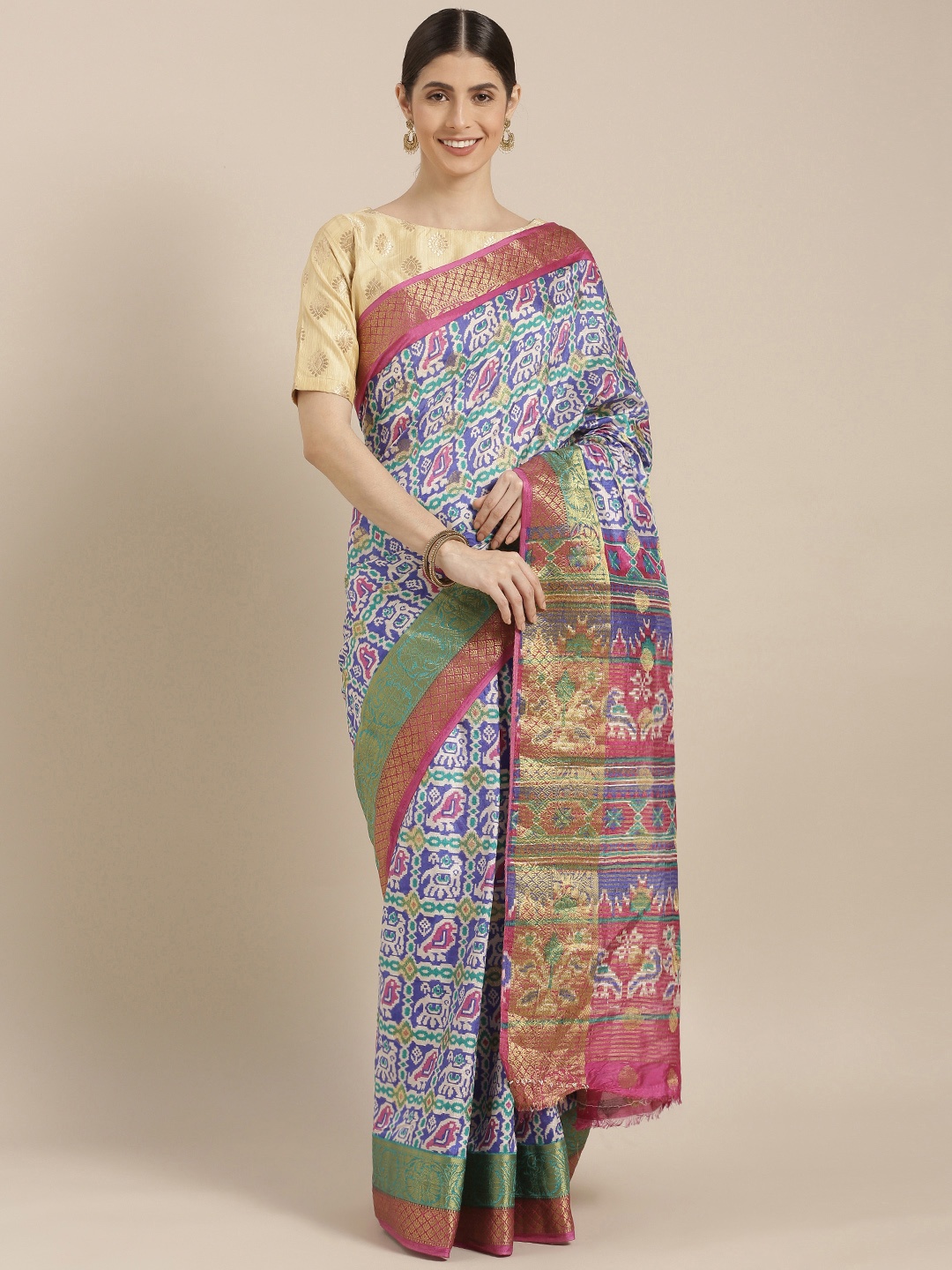 

GoSriKi Blue Viscose Printed Chanderi Saree