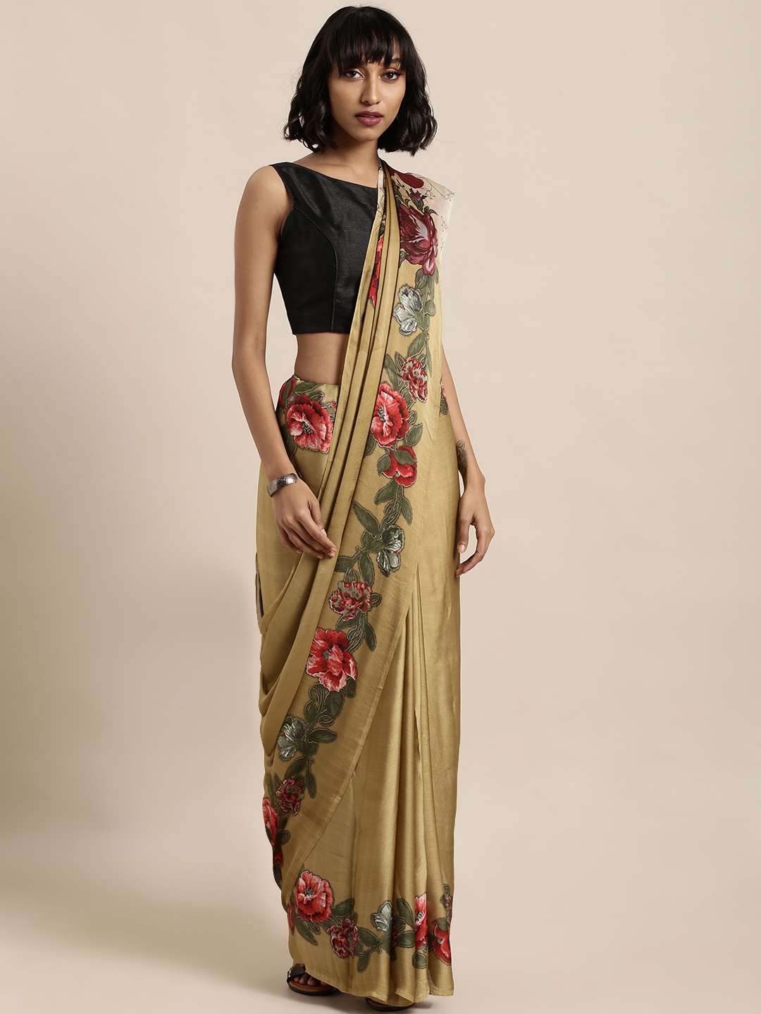 

Satrani Beige & Maroon Satin Solid Saree