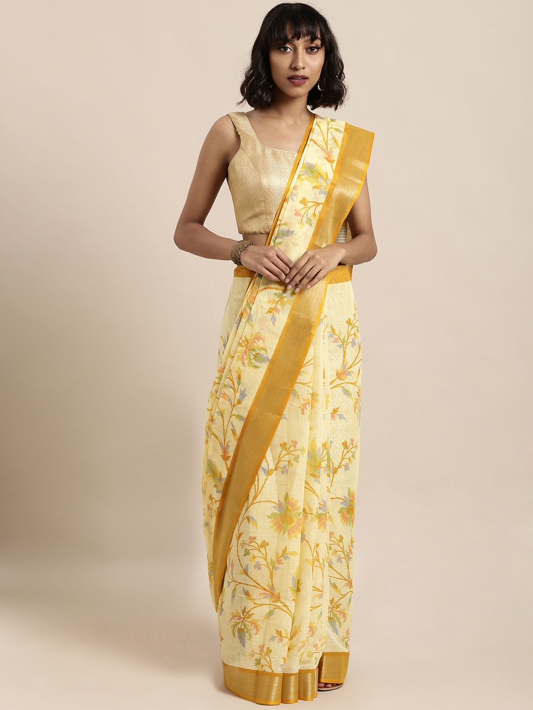 

Satrani Yellow Printed Polycotton Saree