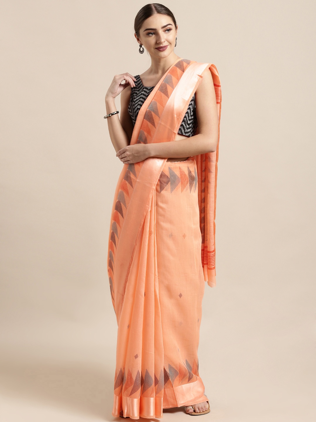 

Satrani Peach-Coloured Printed Silk Cotton Saree