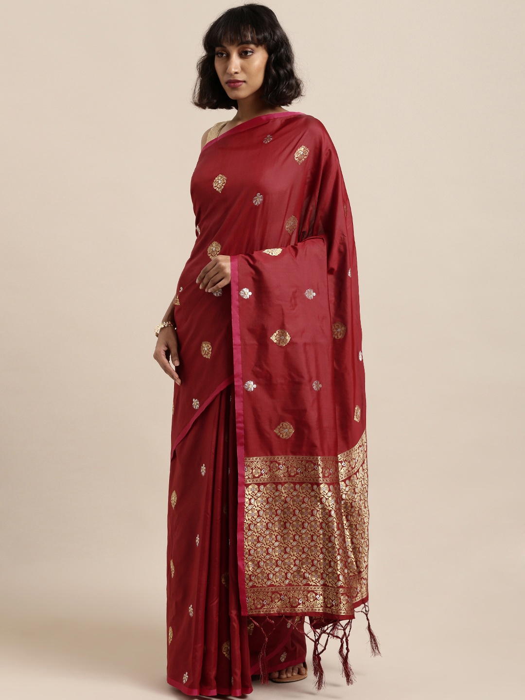 

Satrani Maroon Poly Silk Woven Design Banarasi Saree