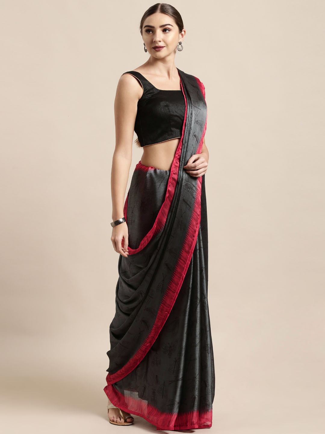 

Satrani Black & Red Poly Chiffon Printed Saree
