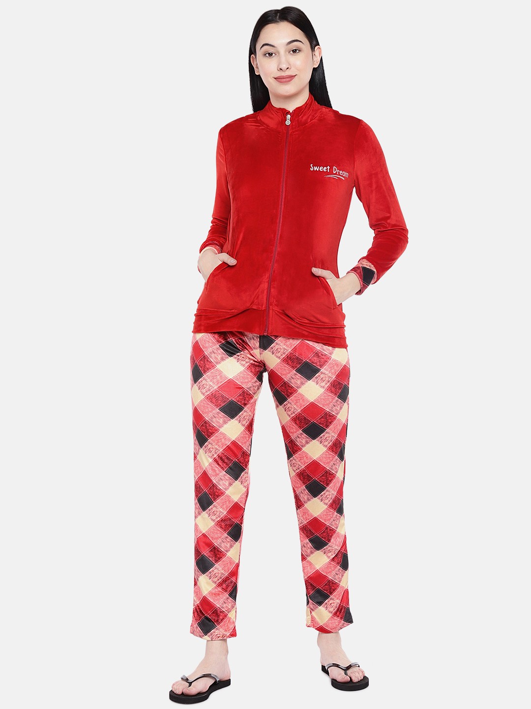

Sweet Dreams Women Red & Beige Pyjama Set