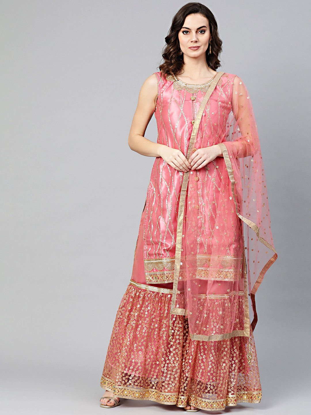 

Chhabra 555 Women Pink Made to Measure Sequinned Kurta with Sharara & Dupatta