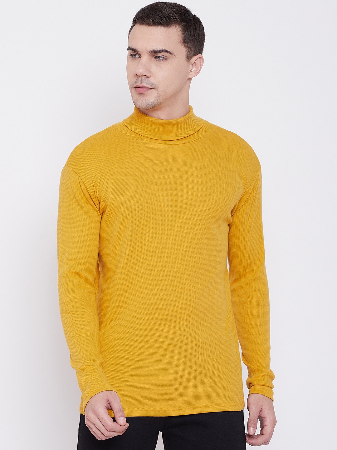 

Aesthetic Bodies Men Mustard Yellow Self Design Turtle Neck T-shirt