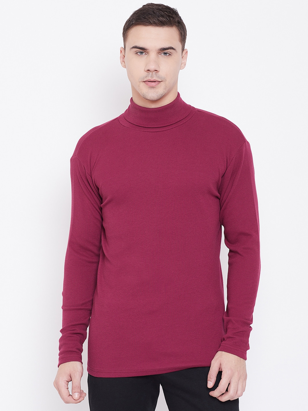 

Aesthetic Bodies Men Burgundy Self Design Turtle Neck T-shirt