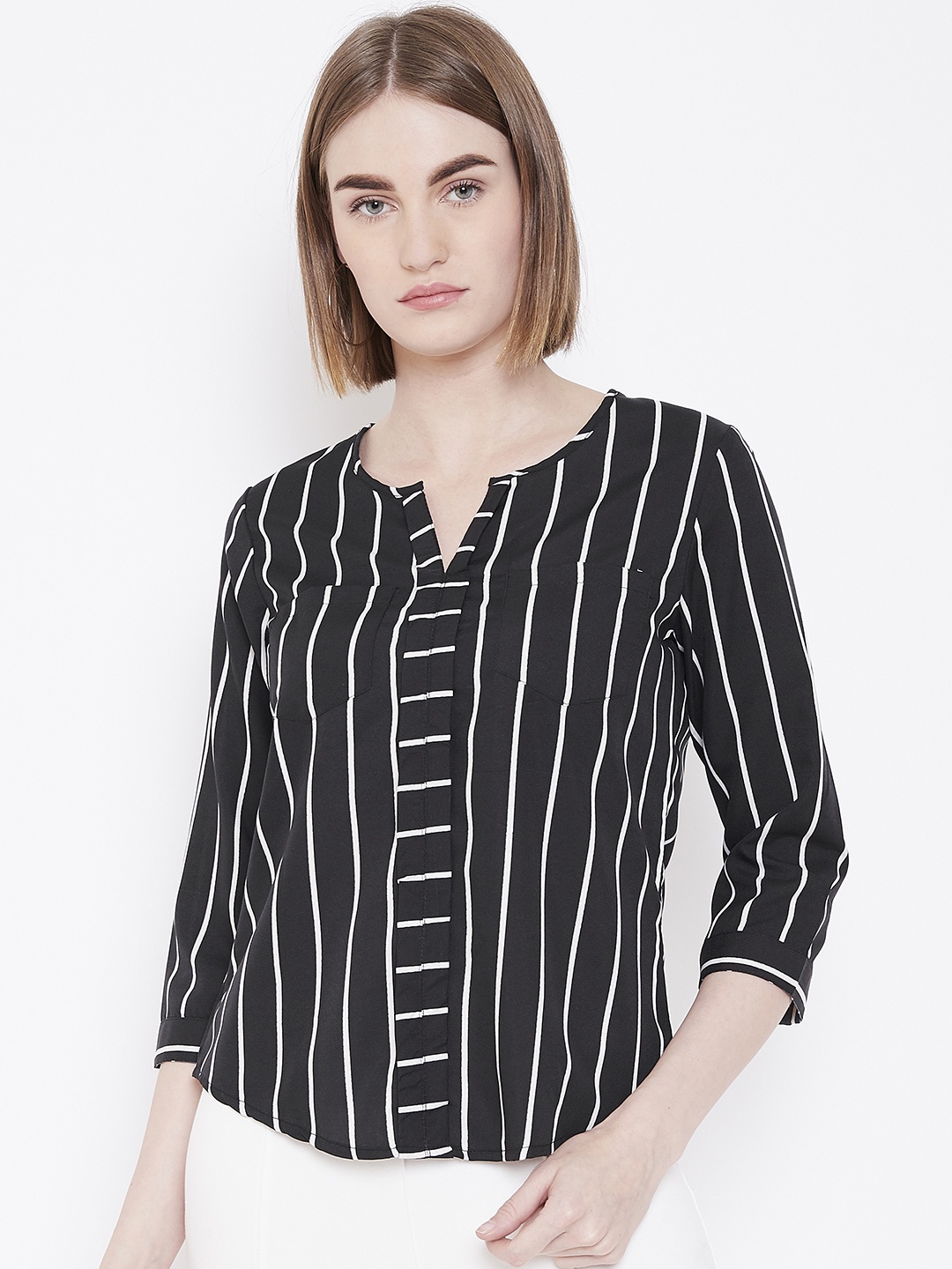 

Deewa Women Black & White Striped Regular Top
