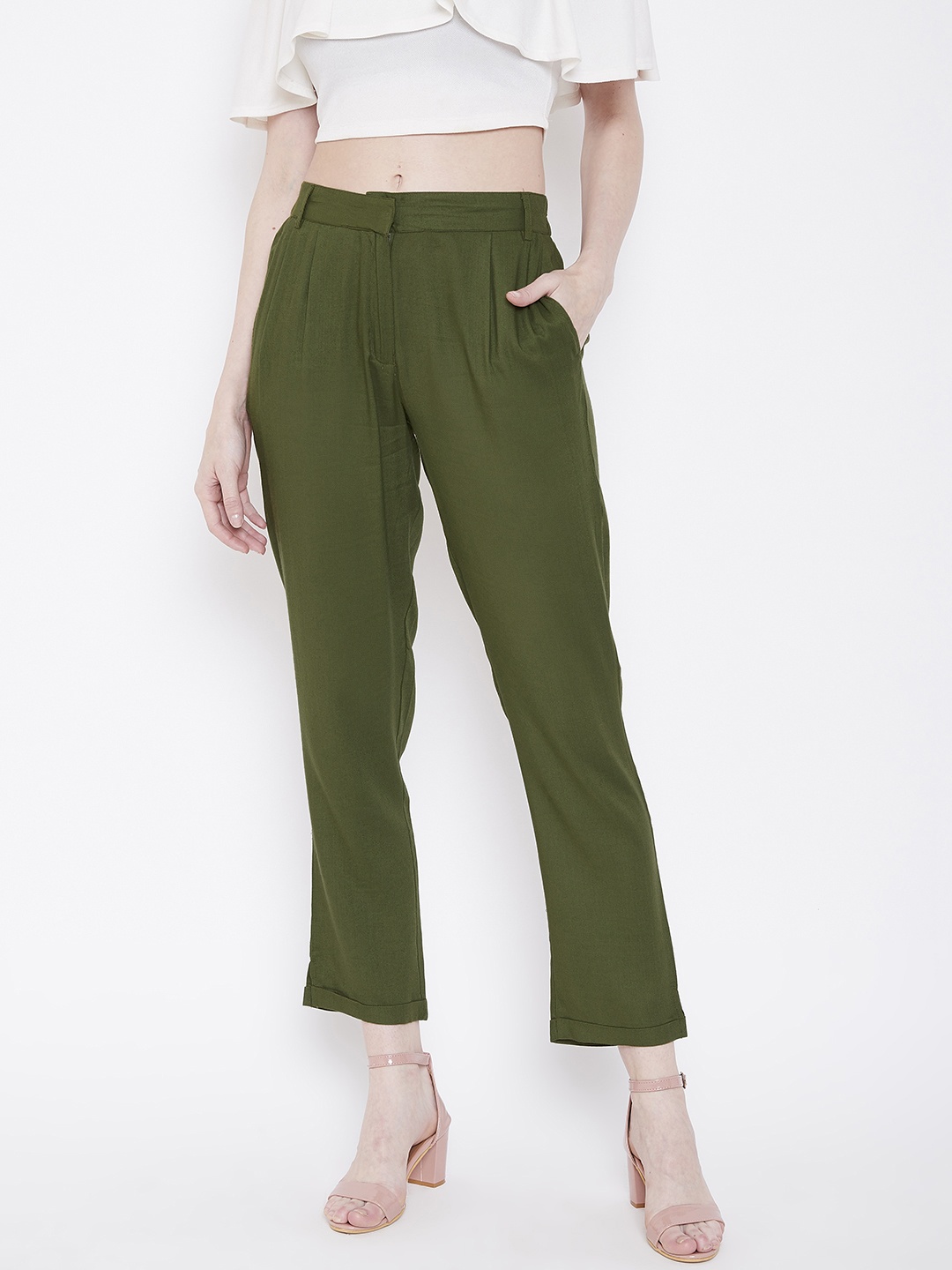 

Deewa Women Olive Green Straight Fit Solid Cropped Regular Trousers