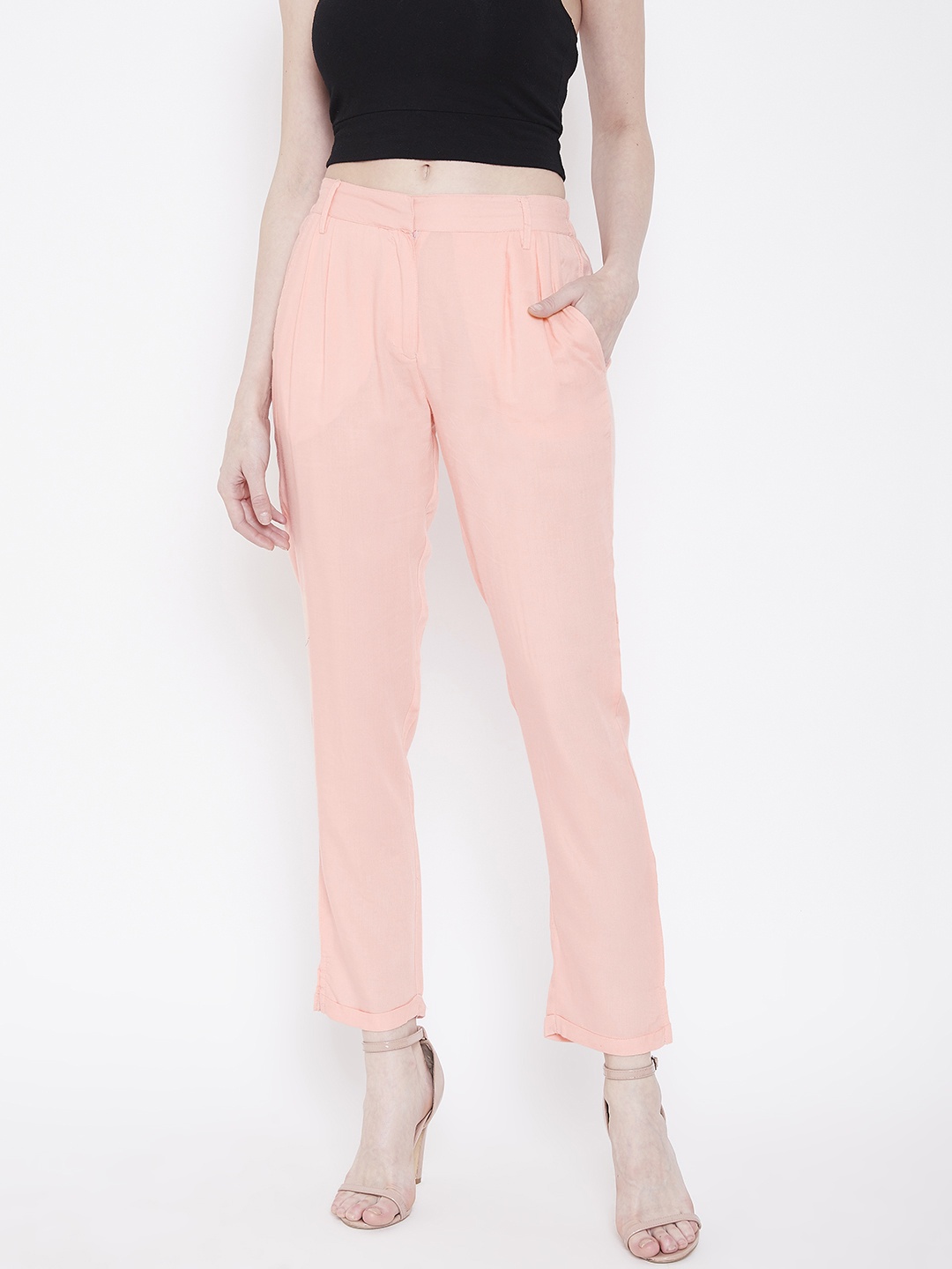 

Deewa Women Peach-Coloured Straight Fit Solid Regular Trousers