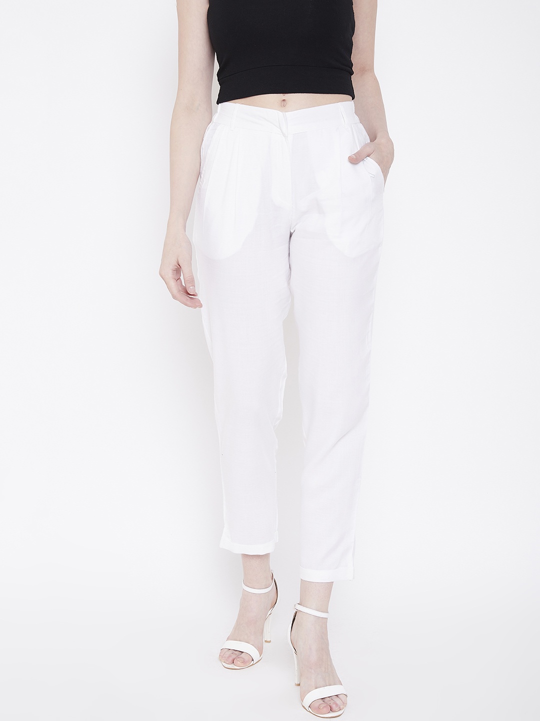 

Deewa Women White Straight Fit Solid Cropped Regular Trousers