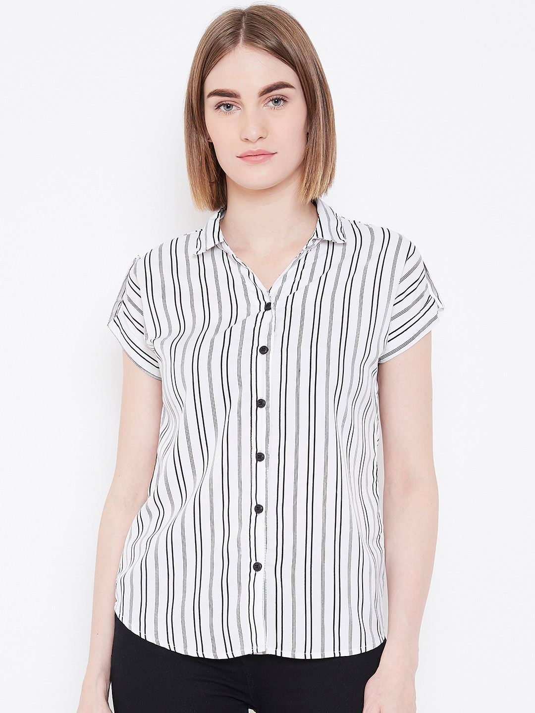 

Deewa Women White & Black Regular Fit Striped Casual Shirt