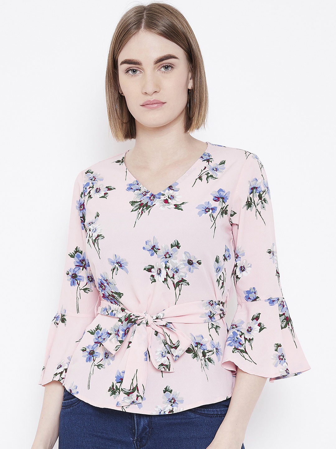 

Deewa Women Pink & Blue Printed Cinched Waist Top