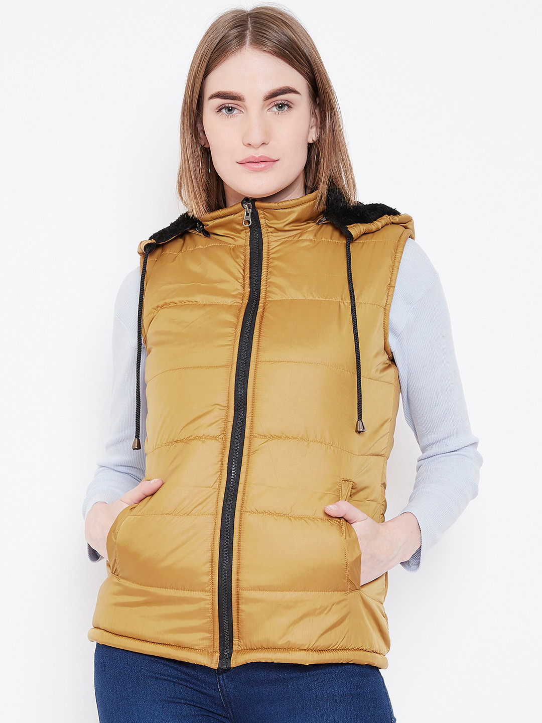 

Deewa Women Mustard Yellow Solid Hooded Padded Jacket