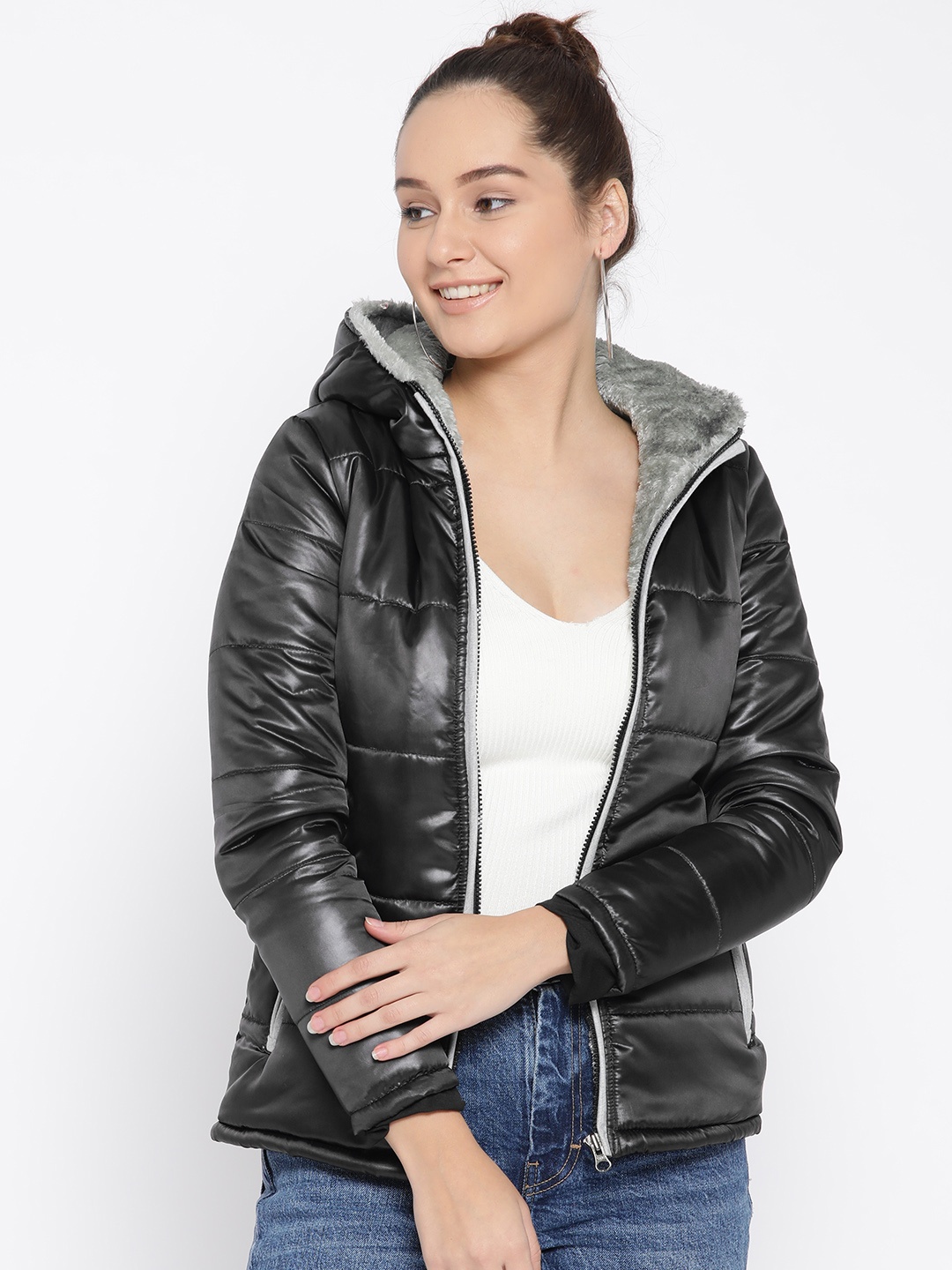 

Deewa Women Charcoal Grey Sheen Effect Solid Hooded Puffer Jacket