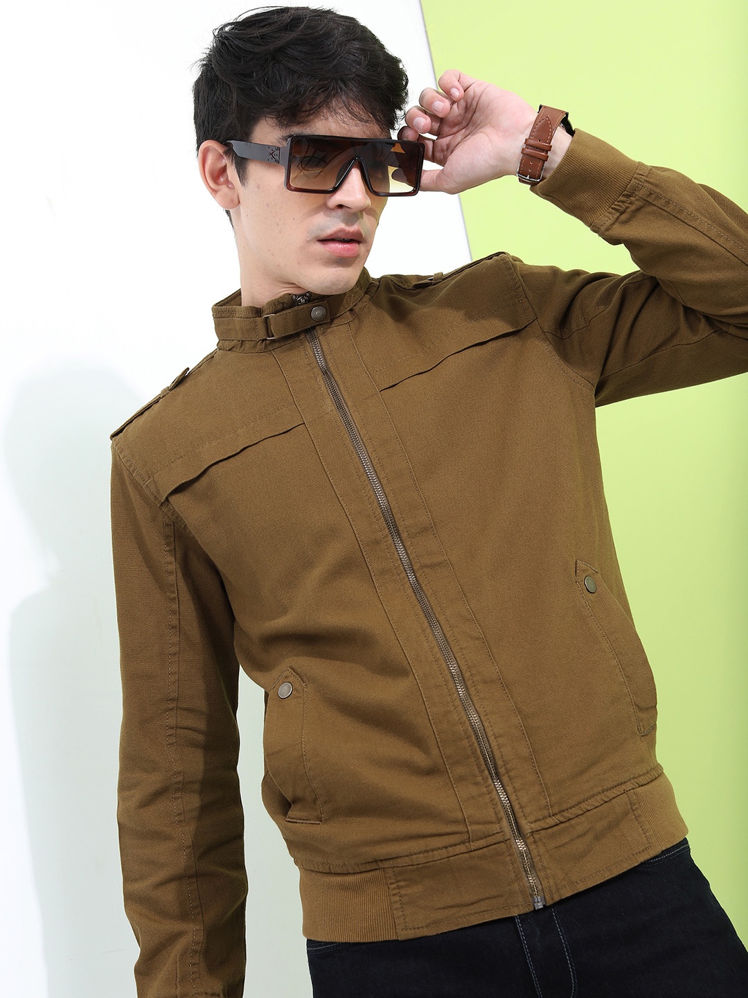 

HIGHLANDER Men Khaki Solid Bomber Jacket