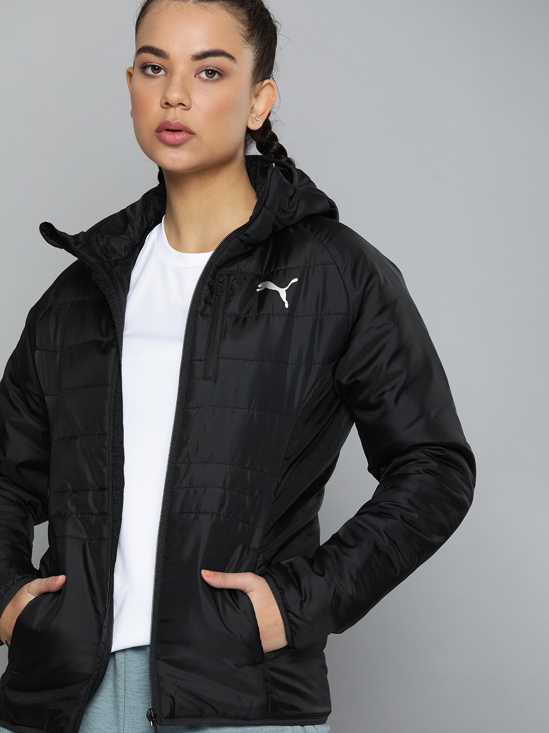 

Puma Women Black Solid WarmCELL Hooded Padded Jacket