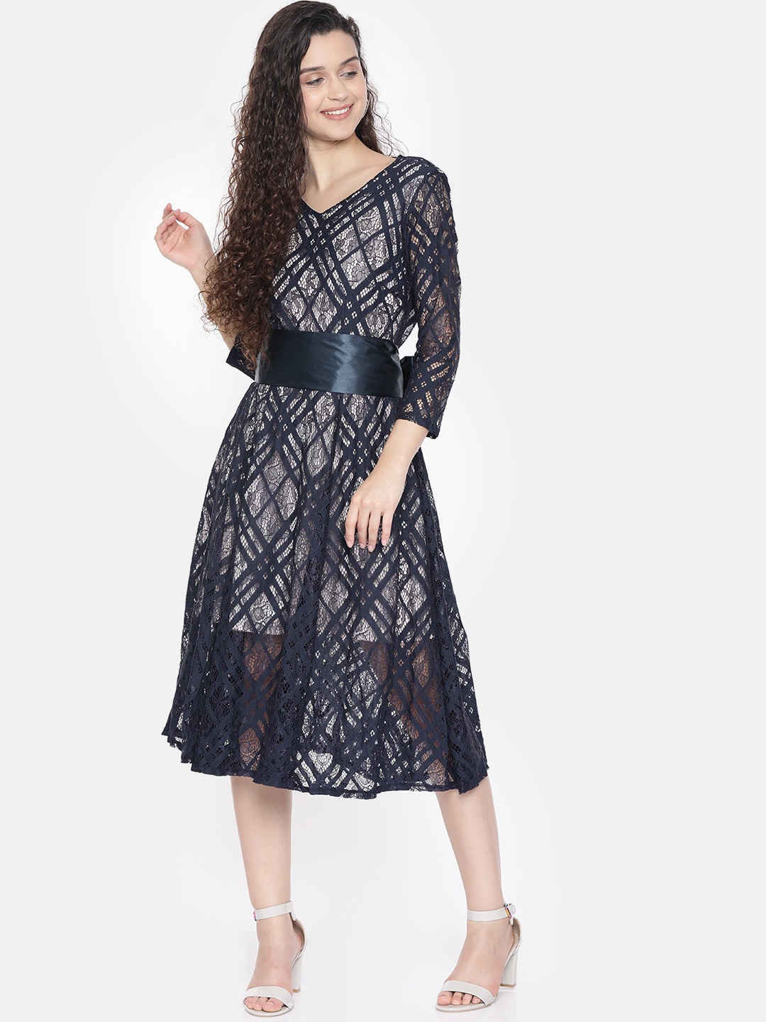 

JC Collection Women Navy Blue Self Design Fit and Flare Lace Dress