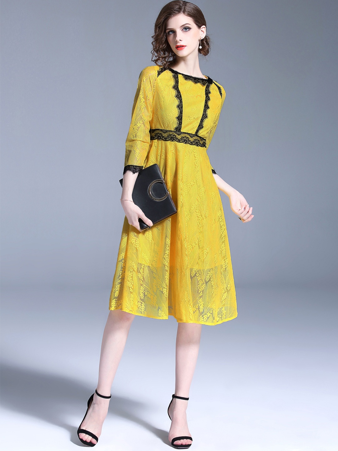 

JC Collection Women Yellow Self Design Lace Fit & Flare Dress