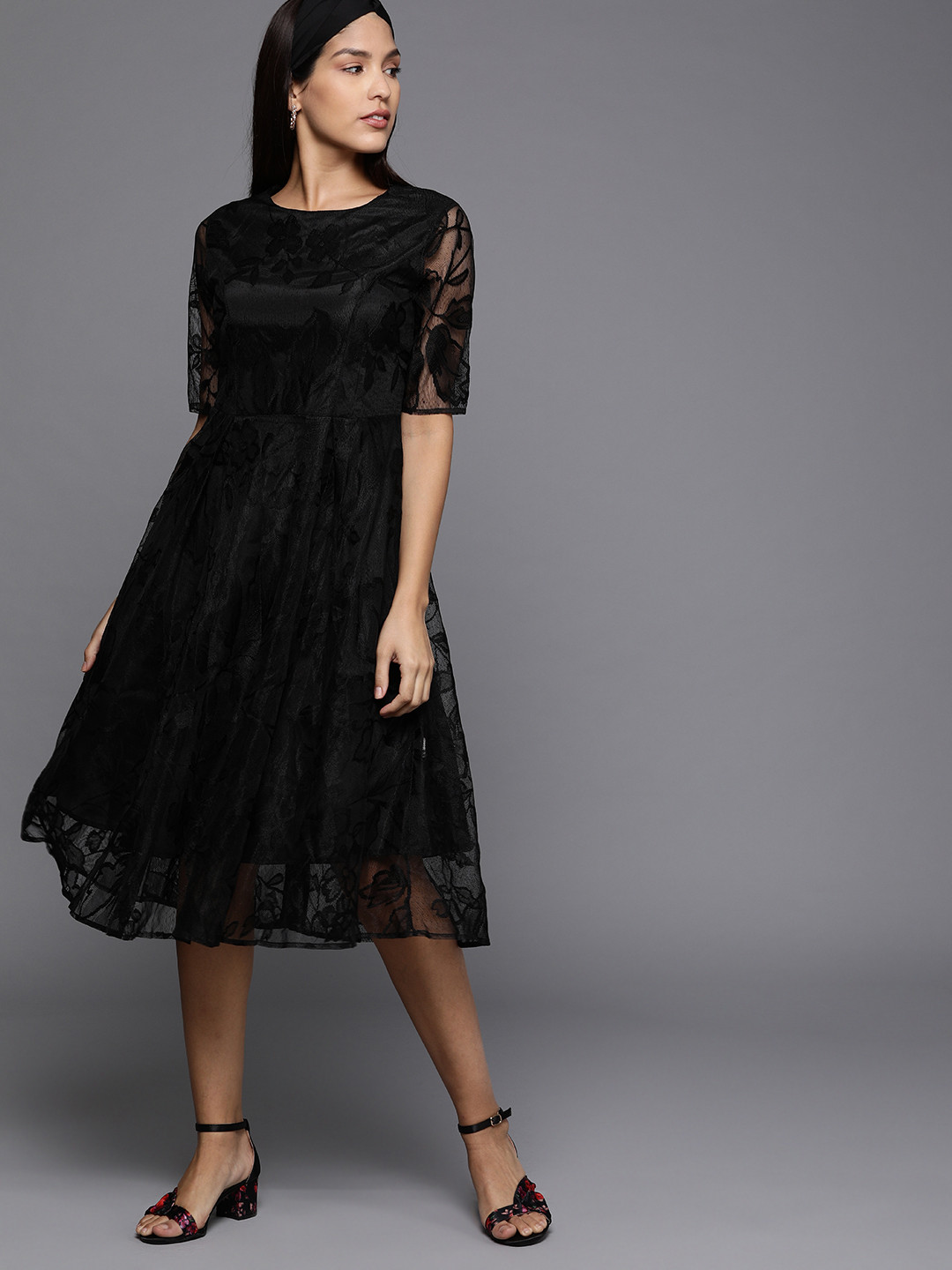

JC Collection Women Black Self Design Fit and Flare Dress