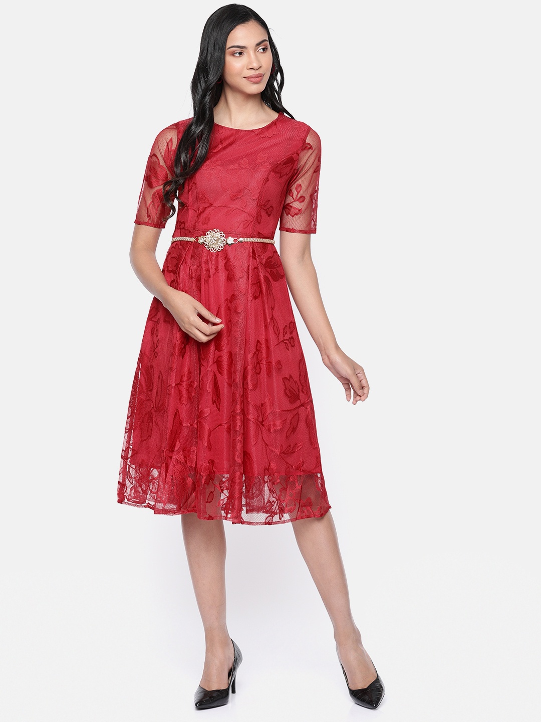 

JC Collection Women Red Self Design Fit and Flare Dress With Gathered Detail