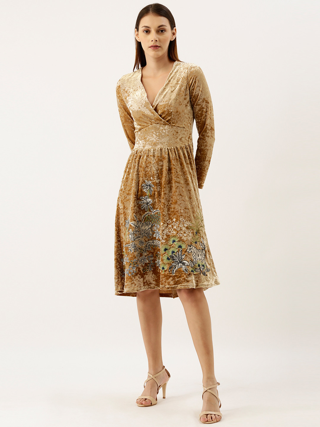 

JC Collection Women Brown Printed Velvet Fit & Flare Dress