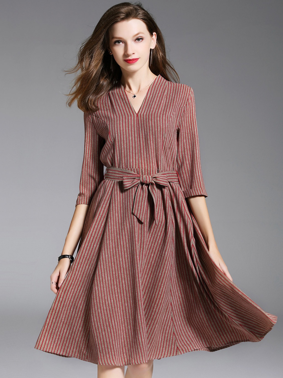 

JC Collection Women Maroon & Beige Striped A-Line Dress
