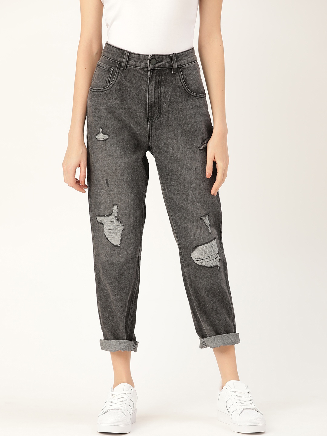

DressBerry Women Charcoal Grey Skinny Fit Mid-Rise Highly Distressed Non Stretchable Jeans