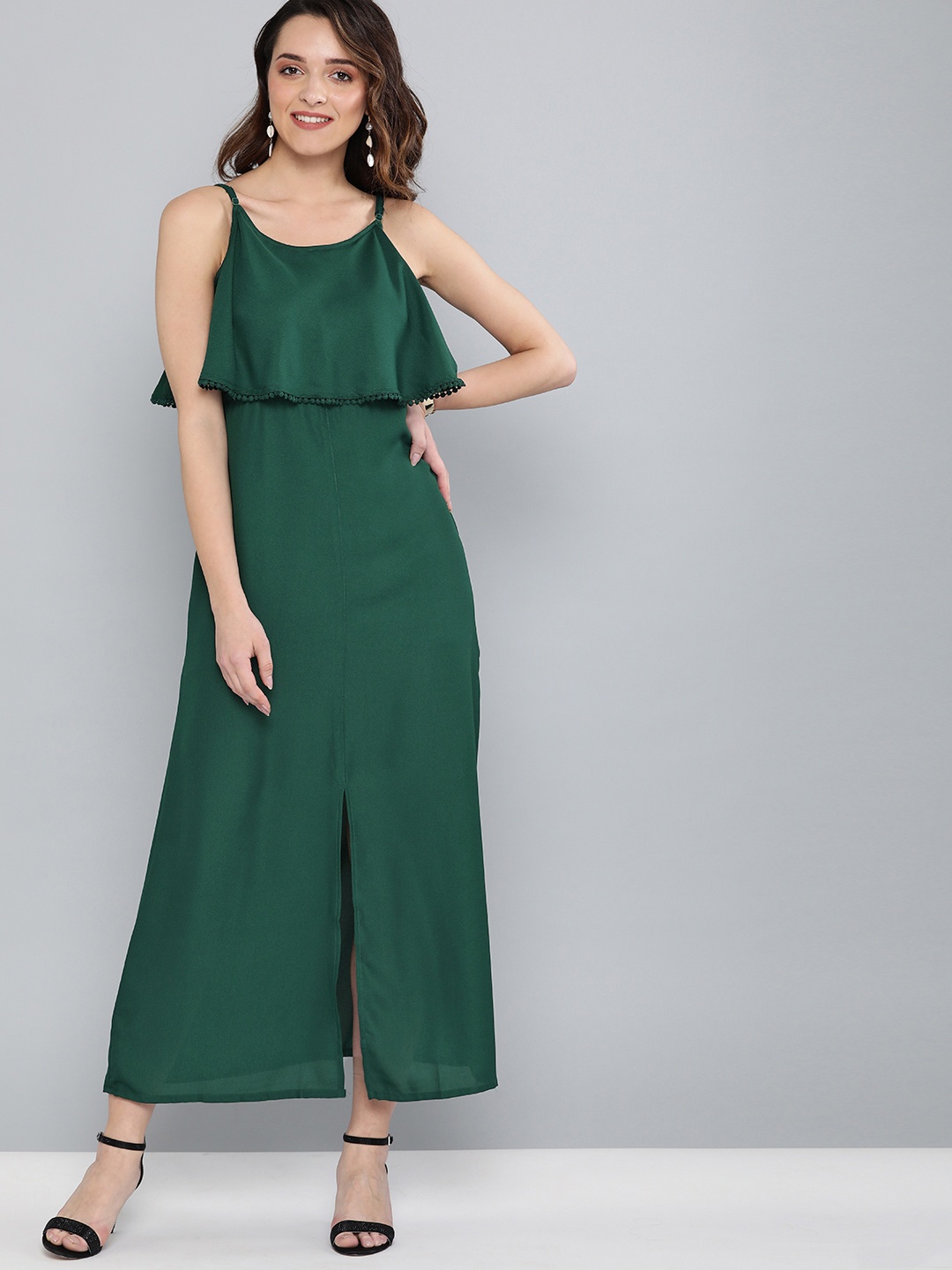 

HERE&NOW Women Green Solid Layered Semi-Sheer Maxi Dress