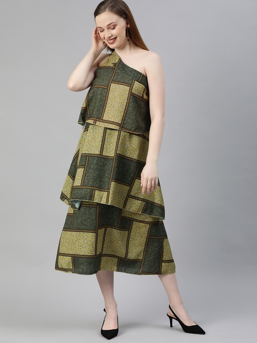 

HERE&NOW Women Olive Green & Beige Floral Printed One-Shoulder Tiered A-Line Dress