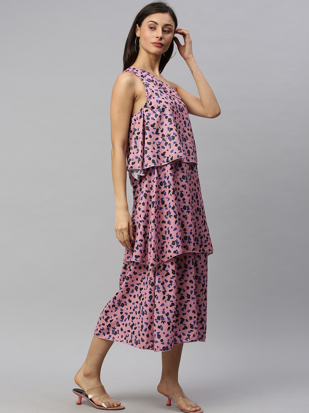 

HERE&NOW Women Pink & Blue Printed One-Shoulder A-Line Tiered Dress