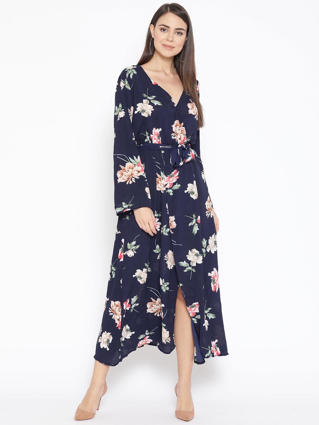 

JC Collection Women Navy Blue & Off-White Printed Wrap Dress With Belt