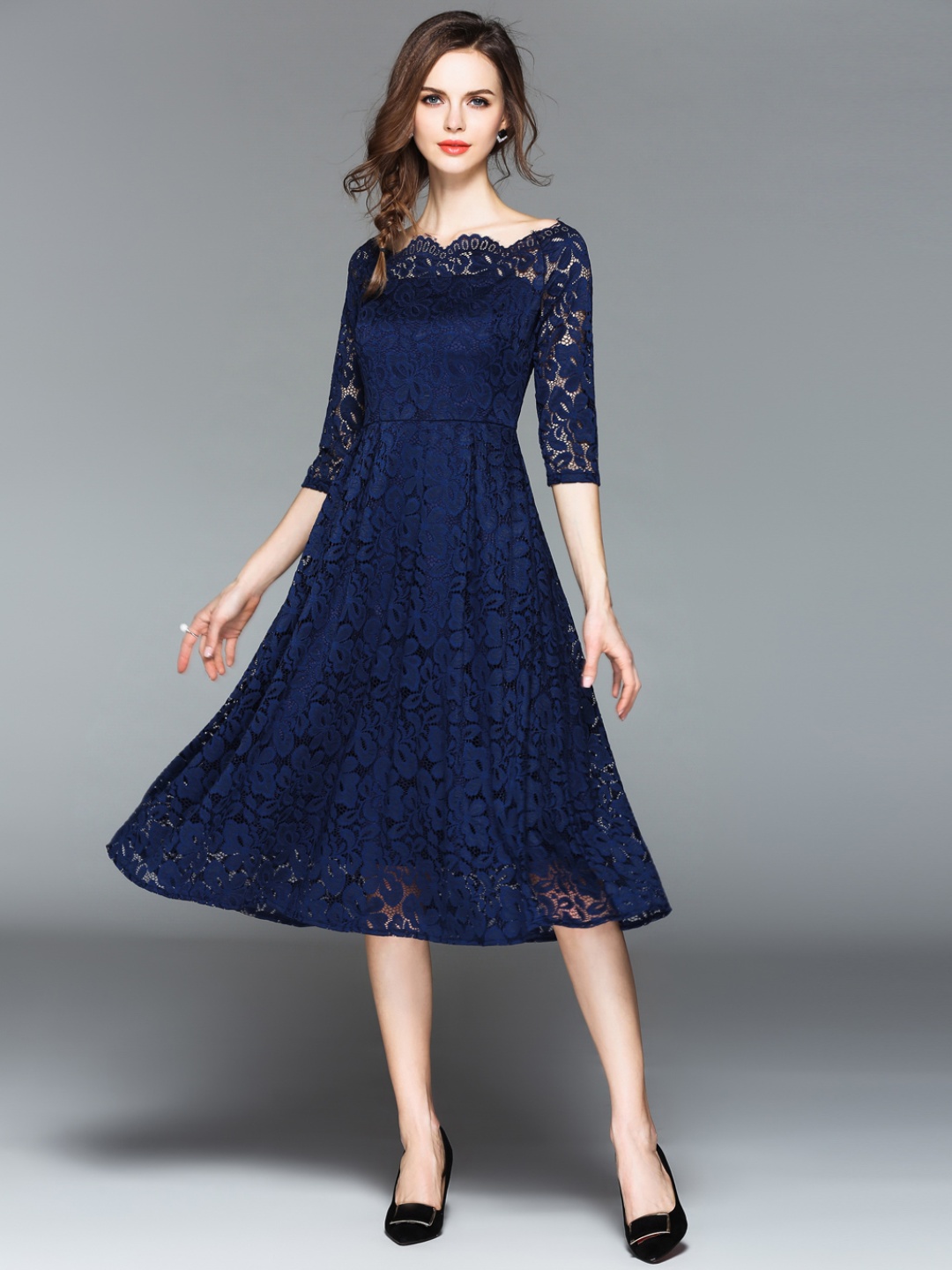 

JC Collection Women Navy Lace Design A-Line Dress, Navy blue