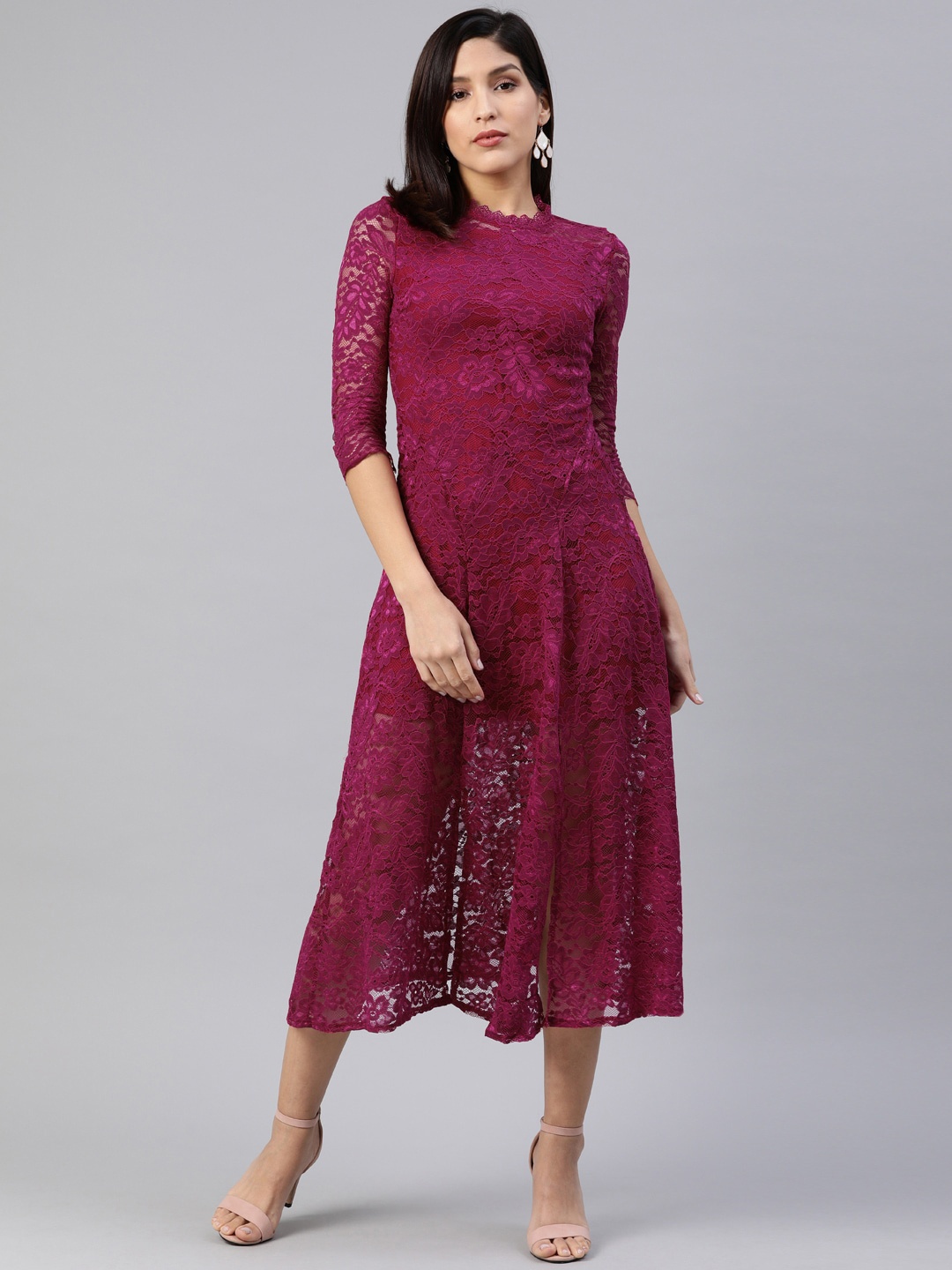 

JC Collection Women Burgundy Solid A-Line Midi Lace Dress