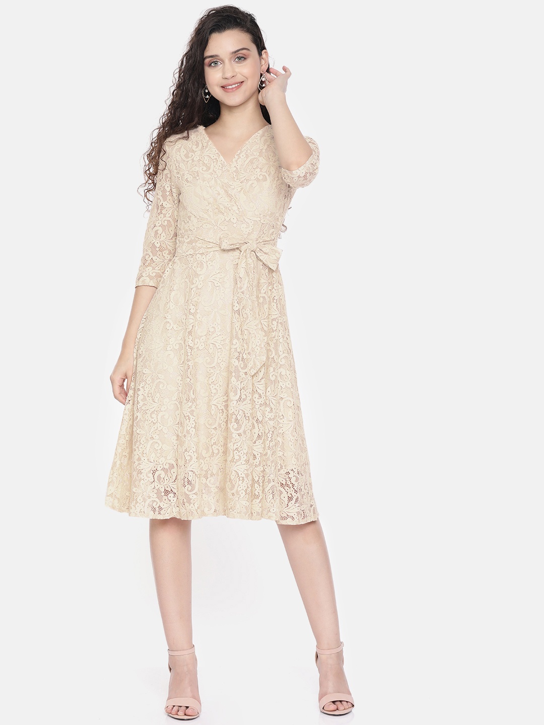 

JC Collection Women Beige Self Design Fit and Flare Lace Dress