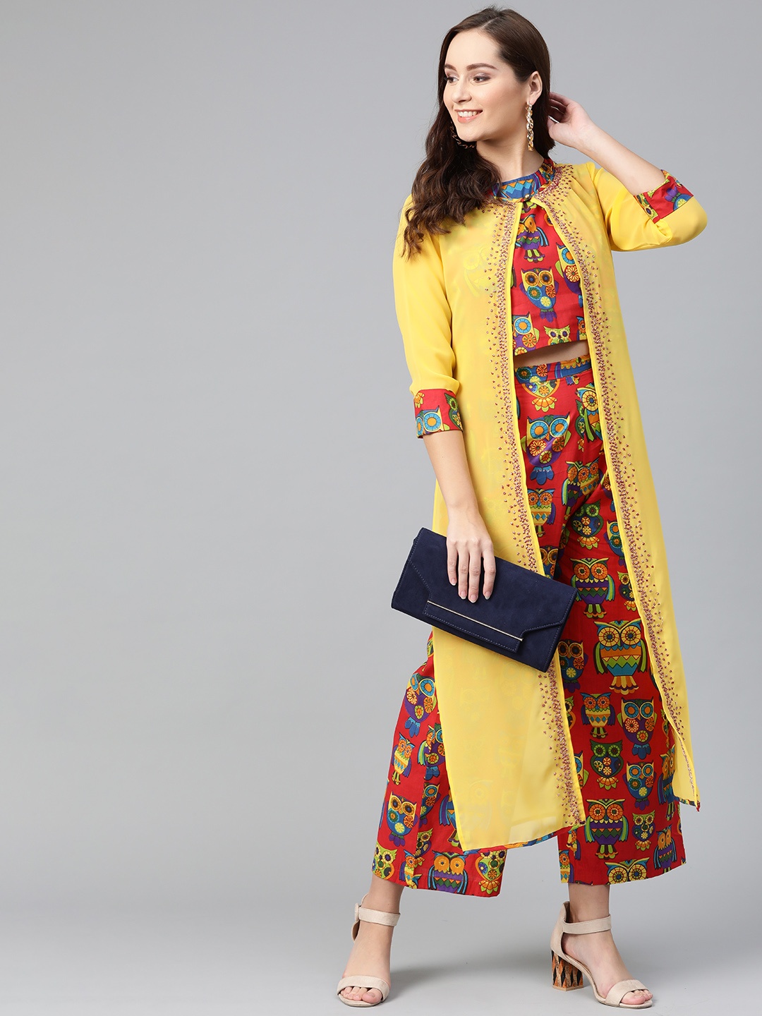 

Pannkh Women Red & Yellow Printed Top with Trousers & Layer